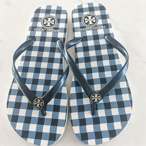 Tory Burch Kira Blue Plaid Flip Flops Size 6